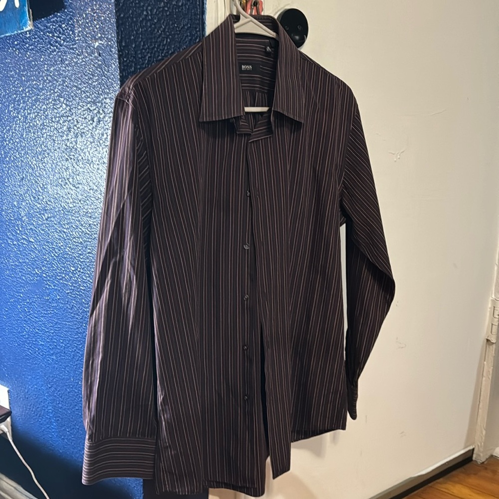 Hugo Boss dark purple button down shirt also have black striped version